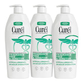 Curel fragrance free lotion pack-of-3 bottles delivering all-day hydration for dry, sensitive skin.