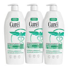 Curel fragrance free lotion pack-of-3 bottles delivering all-day hydration for dry, sensitive skin.