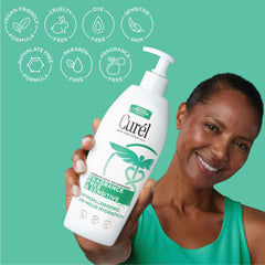 Curel unscented label closeup communicates fragrance-free, irritation-free daily use.