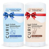 Curie deodorant bottle with Coconut Nectar and Warm Vanilla for long-lasting freshness.