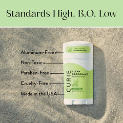 Curie White Tea deodorant application close-up shows smooth glide and skin-friendly formula.