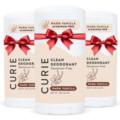 Curie Warm Vanilla deodorant packaging showcases eco-friendly design for sustainable daily use.