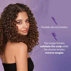 Curl Keeper Flexy Brush turquoise highlights flexible bristles for scalp care and detangling.