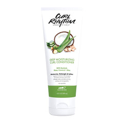 Curl Rhythm Deep Moisturizing Curl Conditioner bottle shows hydrated, manageable curls