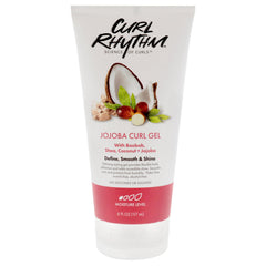 Curl Rhythm Jojoba Curl Gel bottle shows hydrating, flexible hold for defined curls.