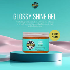 Curldaze Glossy Shine Gel application close-up shows easy definition with Kukui Oil.