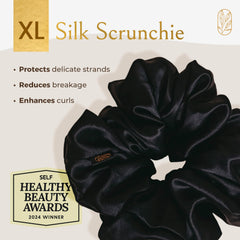 Curlfriend Collective mulberry silk close-up stretch shows gentle, frizz-free hold.