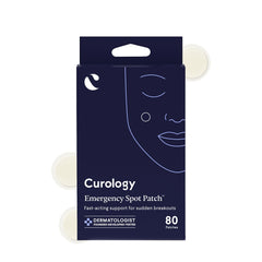 Curology Emergency Spot Patches packaging highlights discreet, fast-absorb hydrocolloid protection for pimples.