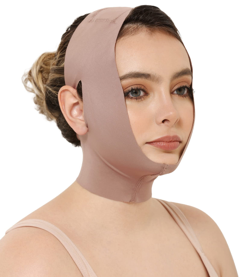 CURVEEZ Face Toning Belt closeup shows soft fabric for gentle post-surgery comfort.