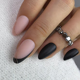CurvLife press-on nails medium almond with black-gold French tip for quick chic nails.
