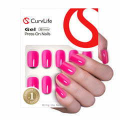 CurvLife soft gel press-on nails in bright pink offer natural look and durable daily wear.