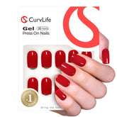 CurvLife soft gel press-on nails close-up, glossy clear red oval full cover for long wear.
