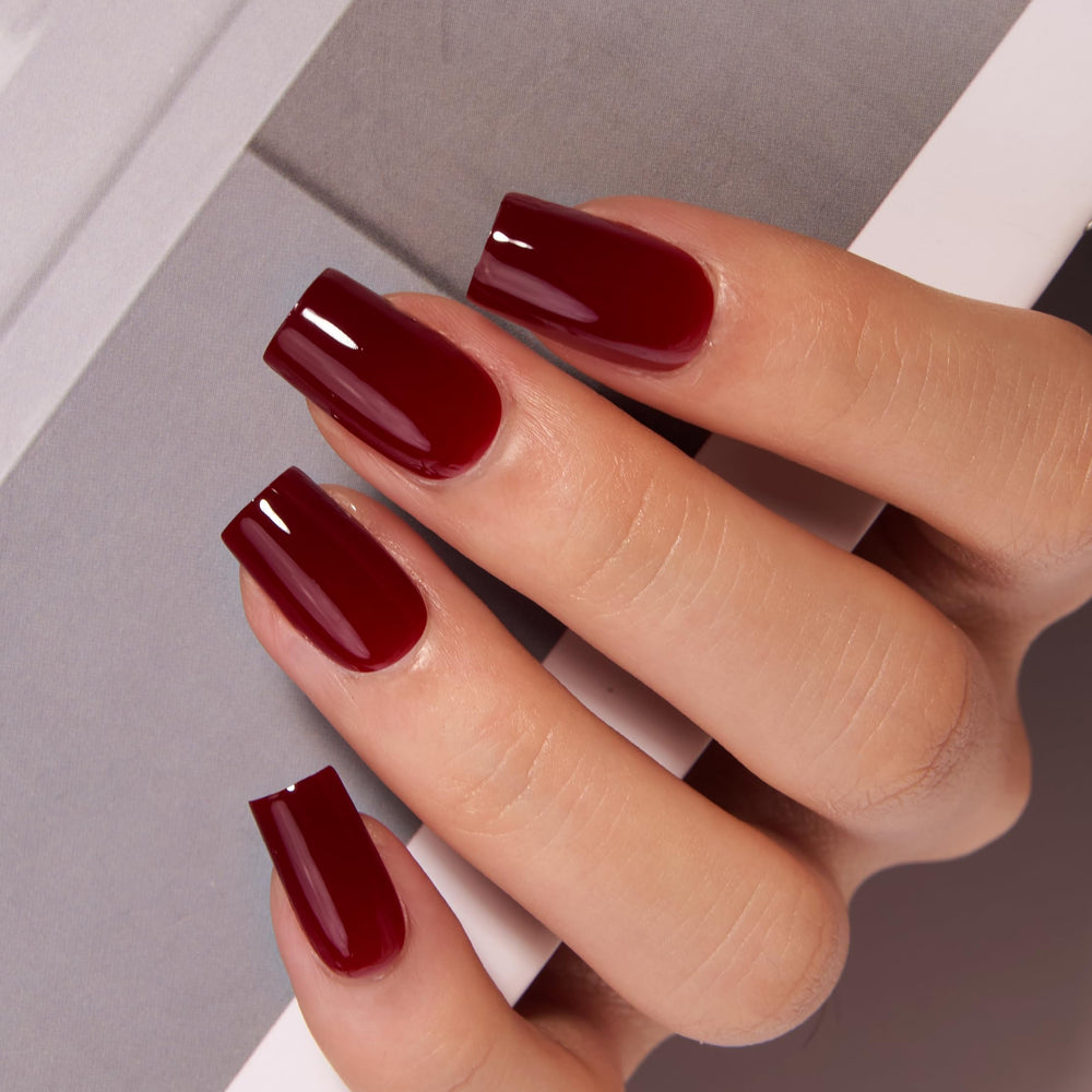 CurvLife soft gel square press on nails in deep red Christmas design for a festive mani