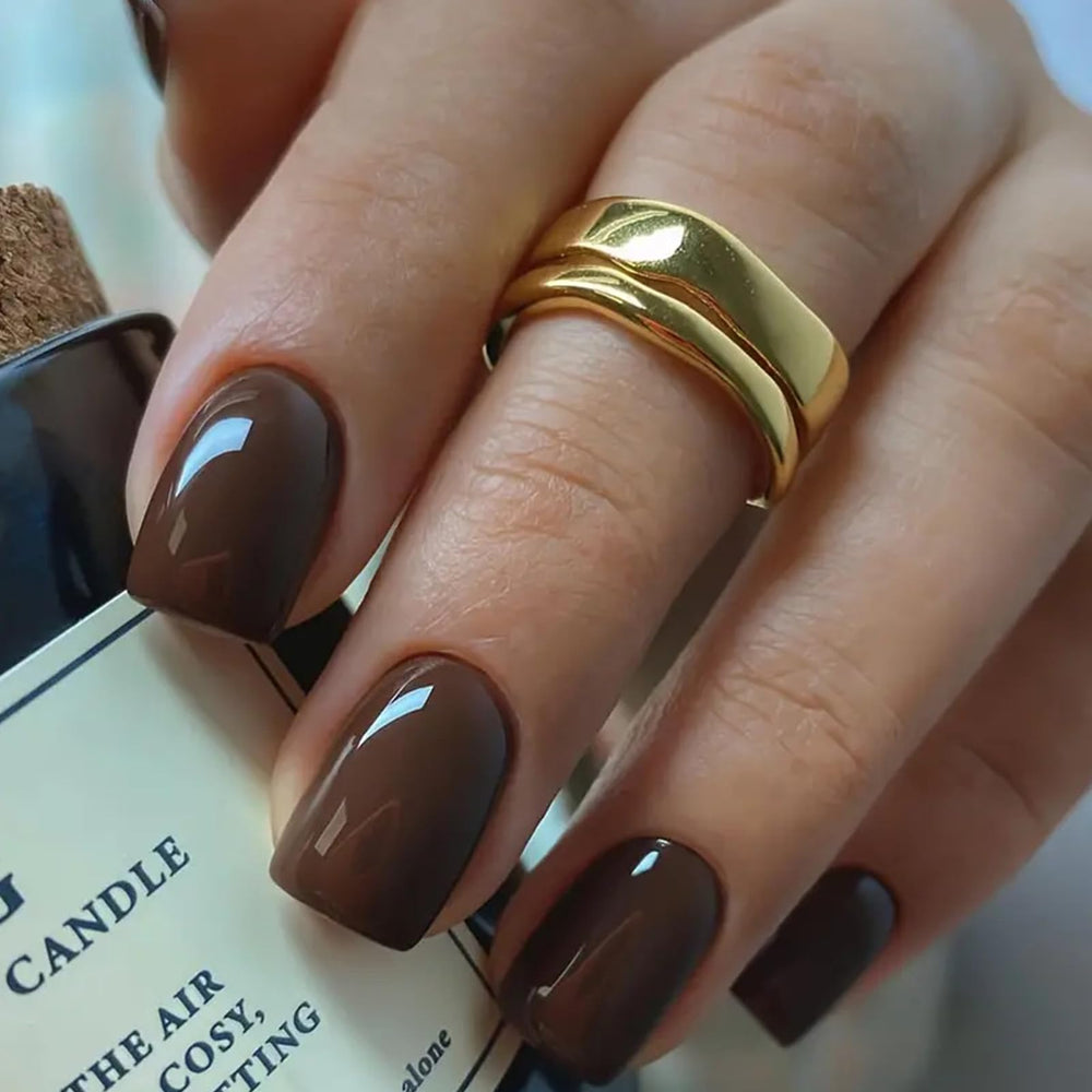 CUZIAM brown press-on nails in short square packaging for at-home salon-grade manicure