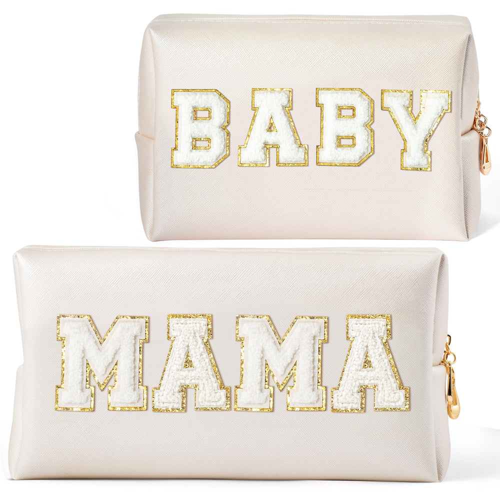 CY2SIDE Mama and Baby makeup bags set in white PU leather with chenille patches for moms on-the-go
