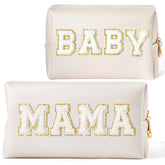 CY2SIDE Mama and Baby makeup bags set in white PU leather with chenille patches for moms on-the-go