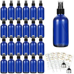 CycleMore 25-pack blue glass spray bottles with 4oz capacity for cosmetics and oils.