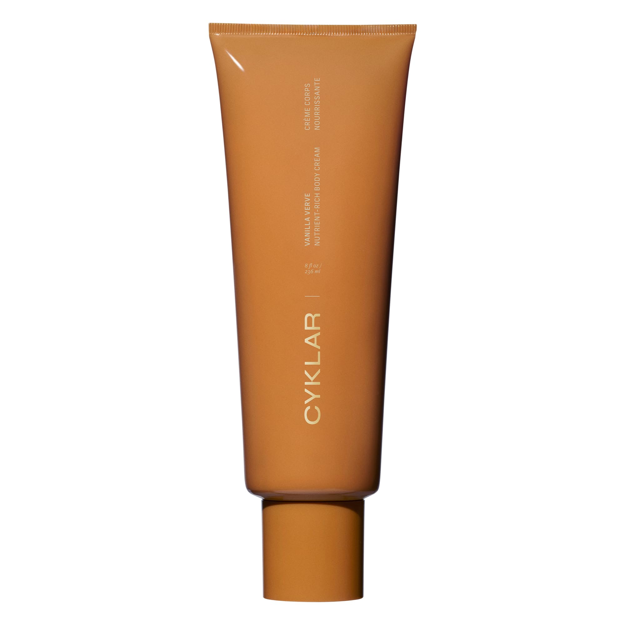 CYKLAR Nutrient Rich Body Cream Vanilla Verve tube shows thick moisturizing texture for daily use.