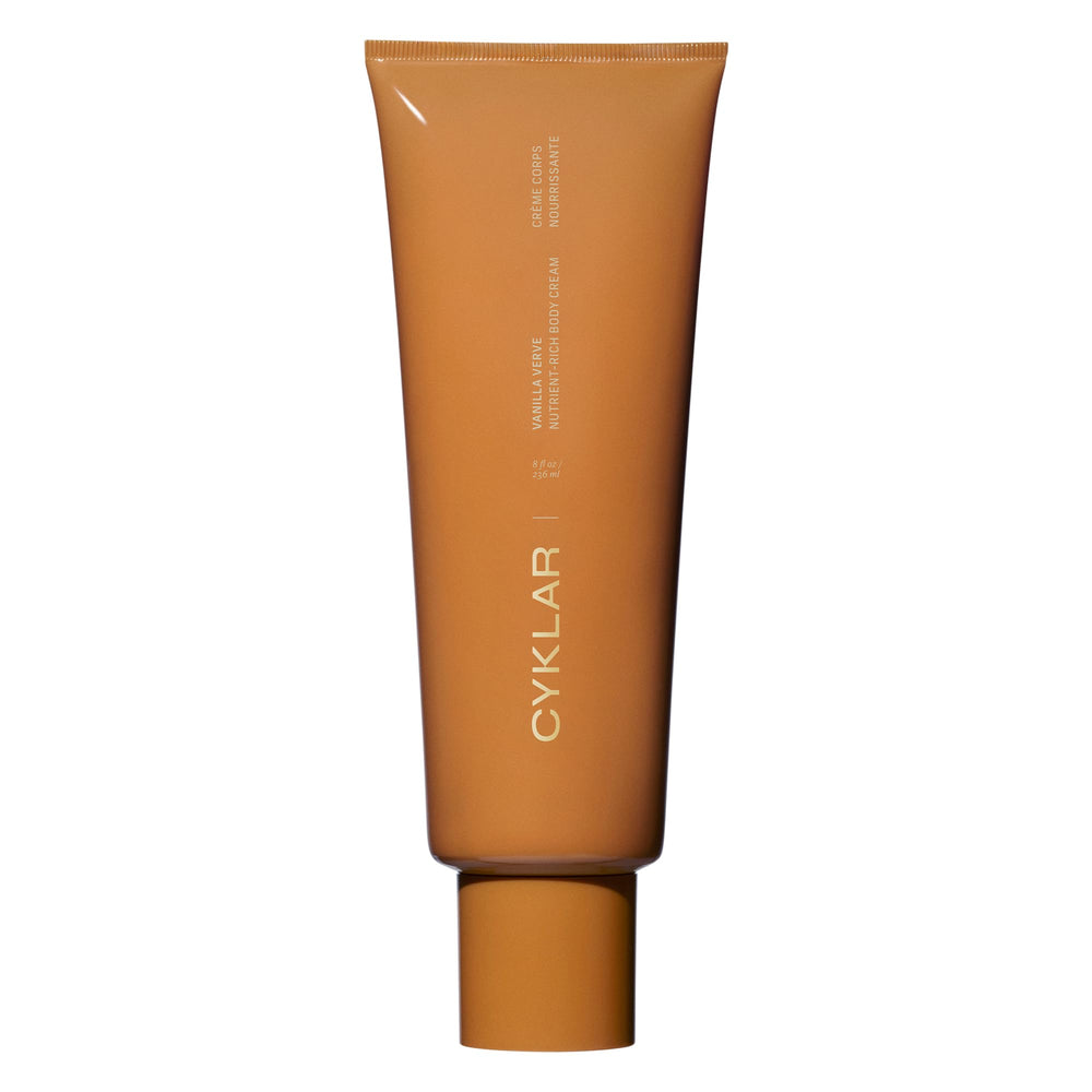 CYKLAR Nutrient Rich Body Cream Vanilla Verve tube shows thick moisturizing texture for daily use.