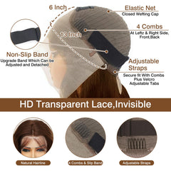 Cypha brown human hair wig offers pre-plucked hairline for easy styling.
