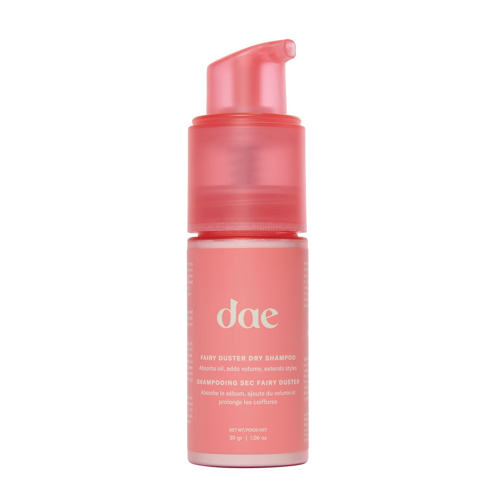 DAE Fairy Duster Dry Shampoo Powder tube demonstrates convenient quick refresh.