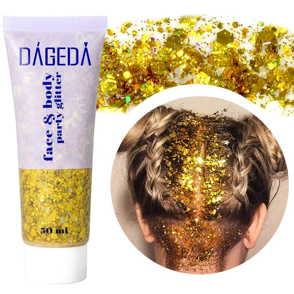 DAGEDA body glitter gel gold closeup highlighting luminous holographic shine for festival looks