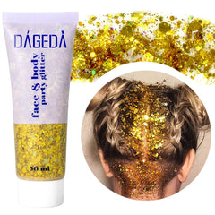 DAGEDA body glitter gel gold closeup highlighting luminous holographic shine for festival looks