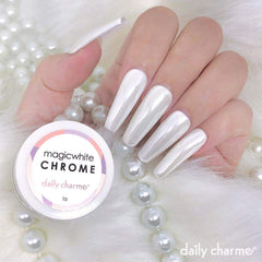 Daily Charme Magic White swatch shows glazed donut white chrome effect on nails