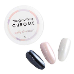 Daily Charme Magic White Nail Chrome Powder jar closeup showing pearlescent gloss ideal for nails