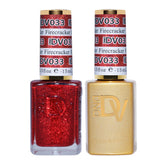 Daisy DND Firecracker gel bottle showing bold red glitter for glam nails