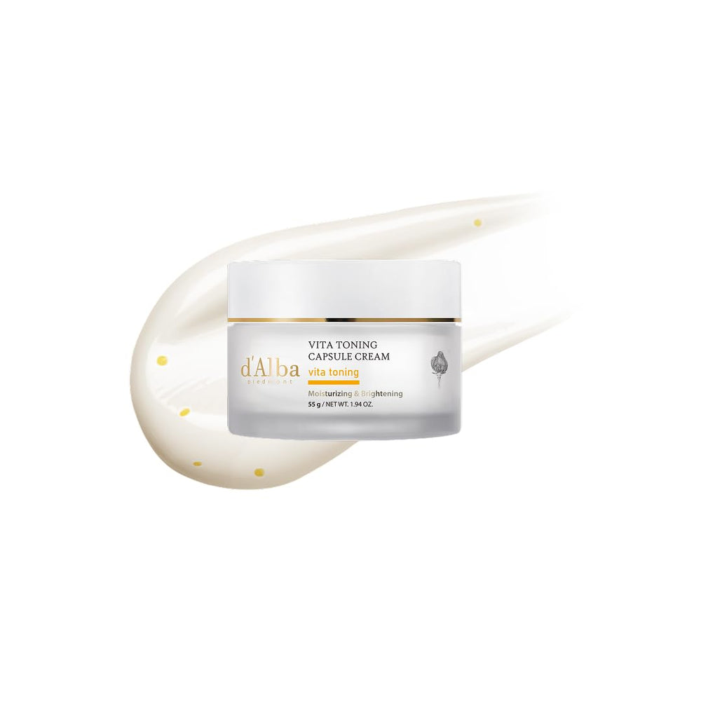 d'alba Piedmont Vita Toning capsules bottle demonstrates deep hydration for radiant skin.