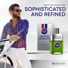 Dana British Sterling Aftershave label closeup highlights premium ingredients and heritage