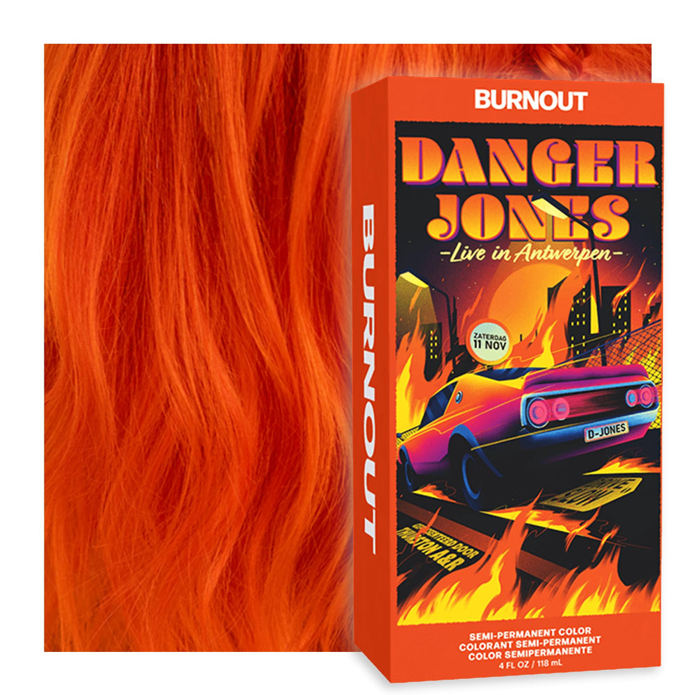 Danger Jones Burnout Orange packaging close-up shows bold vegan color branding.