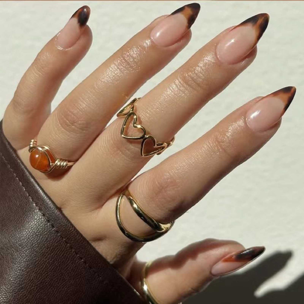 DANMANR medium press-on nails in almond shape with French leopard design for long-lasting DIY manicure.