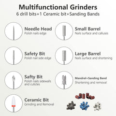 DANNARY nail drill bits kit top view highlighting six metal bits and one ceramic bit for versatile manicures.