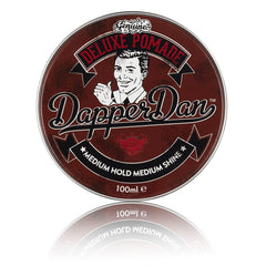 Dapper Dan Deluxe Pomade jar close-up for a crisp professional slick look.
