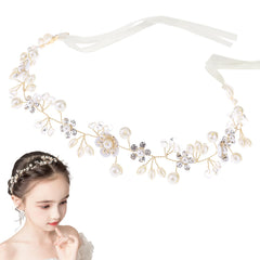 Darlingao girls pearl wedding headpiece closeup highlights elegant pearls for a princess-inspired look.
