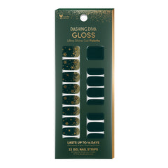 Dashing Diva Gloss Nail Strips Deck the Halls forest green with gold snowflakes for fast, salon-quality shine.