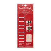 Dashing Diva Toy Soldier nail strips on nails with festive red and gold accents.