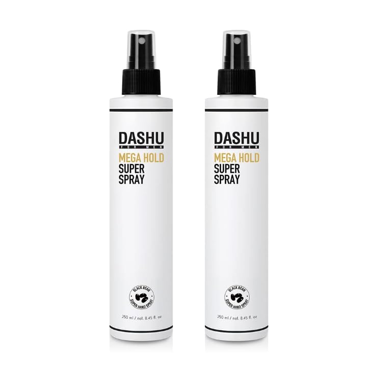DASHU Mega Hold hairspray bottle demonstrates strong, all-day hold.