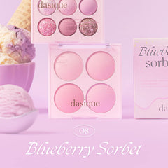Dasique Blending Mood Cheek 08 Blueberry Sorbet swatches show four buildable tones.