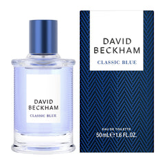David Beckham Classic Blue patterned glass bottle with blue cap, premium presentation.