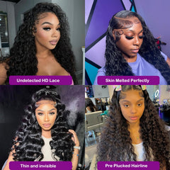 DaXunDi deep wave wig 22 inch front view highlighting invisible Swiss lace for seamless hairline.