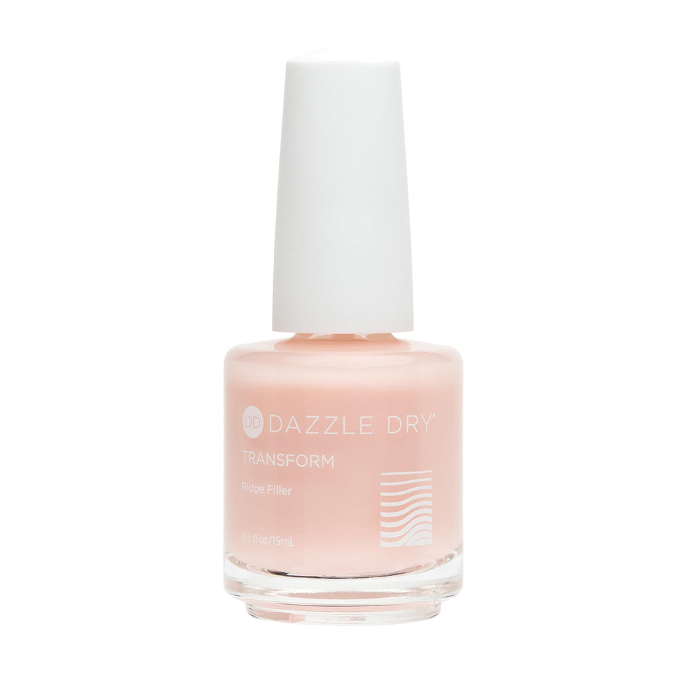Dazzle Dry Transform Ridge Filler bottle close-up shows smooth formula for even ridge coverage.