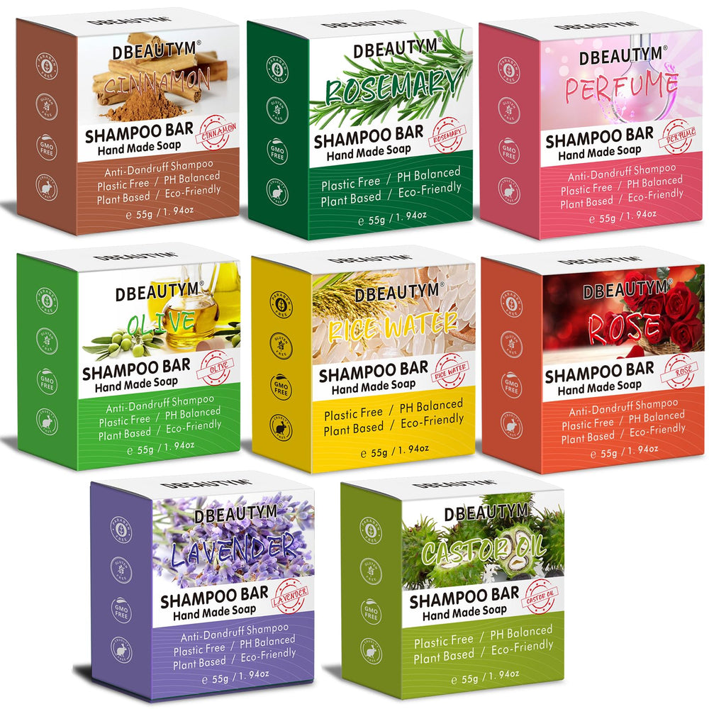 DBEAUTYM 8-pack shampoo bar gift set showcasing eight scents for varied hair care moments.