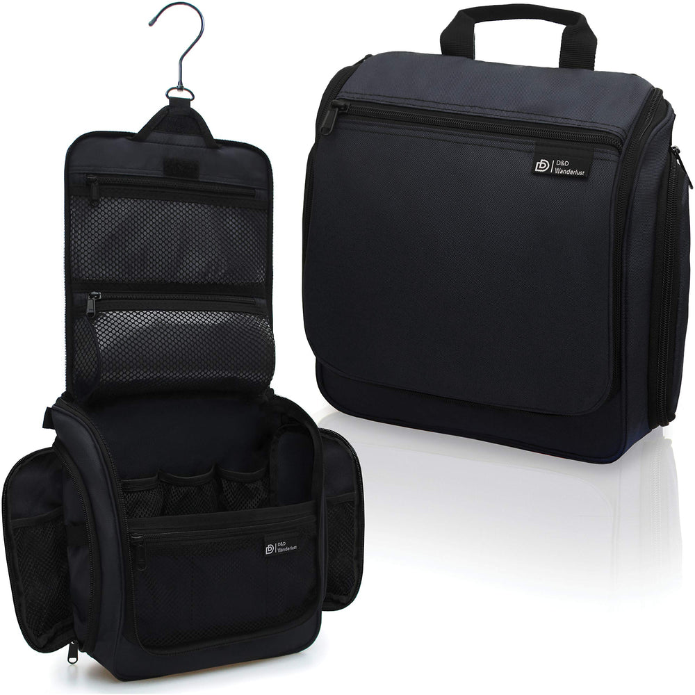 DD D&D Wanderlust hanging toiletry bag shows 10 compartments for organized travel cosmetics.