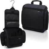 DD D&D Wanderlust hanging toiletry bag shows 10 compartments for organized travel cosmetics.