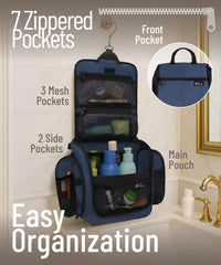 dd-dnd-wanderlust-hanging-toiletry-bag-open-layout shows six pockets for organized cosmetics and toiletries
