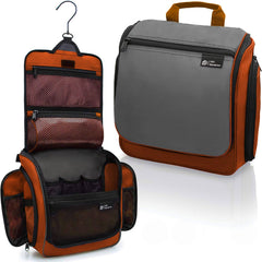 DD D&D Wanderlust hanging travel toiletry bag open shows neat 10-compartment organization for cosmetics.