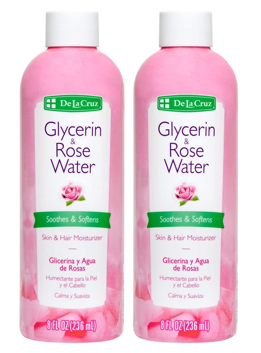 De La Cruz Rose Water bottle close-up with rose petals for gentle skin hydration.